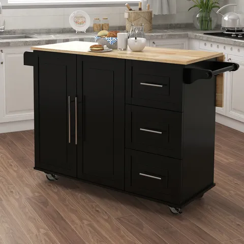 Black Wood Base with Mdf Wood Top Rolling Kitchen Cart
