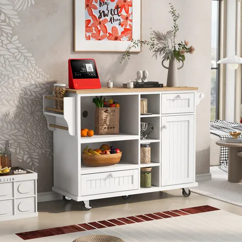 White Wood Base with Mdf Wood Top Rolling Kitchen Island