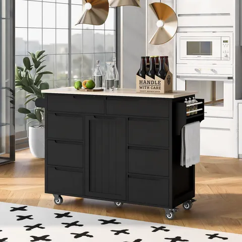 Black Wood Base with Mdf Wood Top Rolling Kitchen Island
