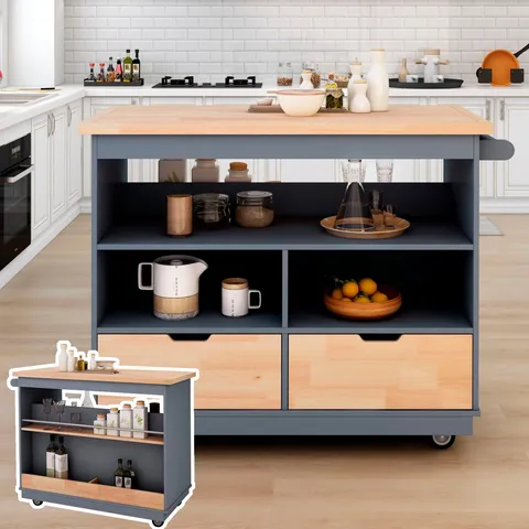 Blue Wood Base with Mdf Wood Top Rolling Kitchen Island