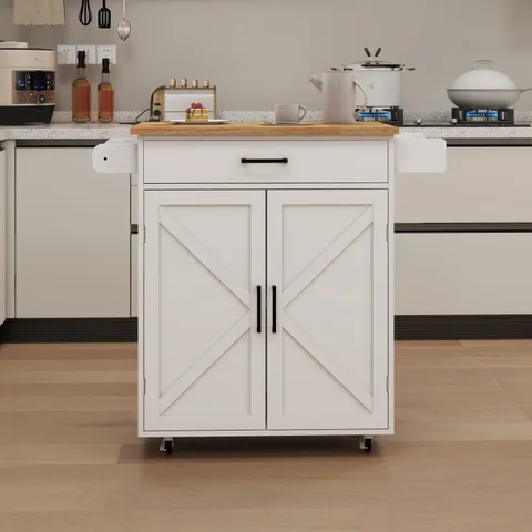 White Wood Base with Mdf Wood Top Rolling Kitchen Island