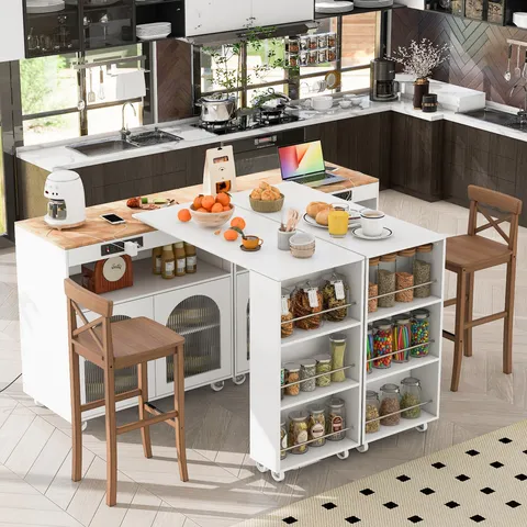 White Wood Base with Mdf Wood Top Rolling Kitchen Island