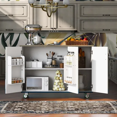 Blue Wood Base with Mdf Wood Top Rolling Kitchen Island