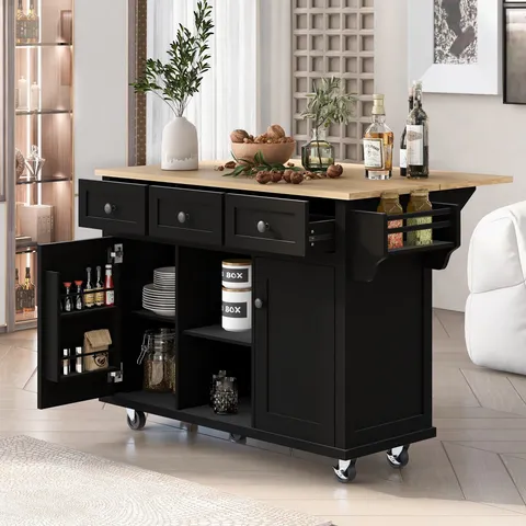 Black Wood Base with Mdf Wood Top Rolling Kitchen Island