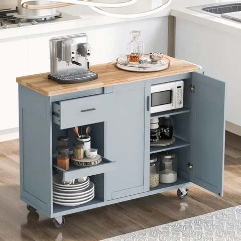 Blue Mdf Base with Wood Top Rolling Kitchen Island