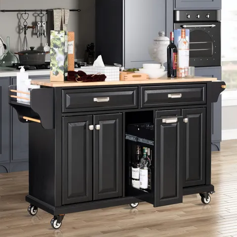 Black Wood Base with Wood Top Rolling Kitchen Island