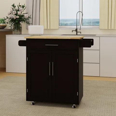 Black Mdf Base with Wood Top Rolling Kitchen Island