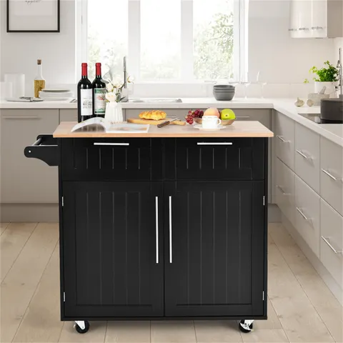 Black Mdf Base with Wood Top Rolling Kitchen Island (18 × 37 in)