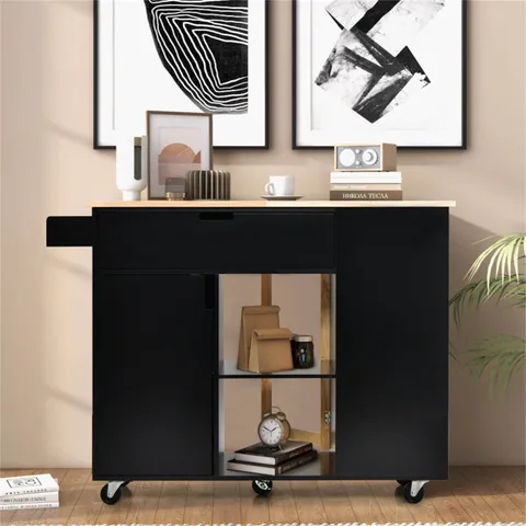 Black Mdf Base with Wood Top Rolling Kitchen Island