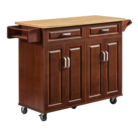 Brown Mdf Base with Wood Top Rolling Kitchen Island