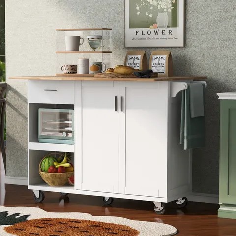White Mdf Base with Wood Top Rolling Kitchen Island