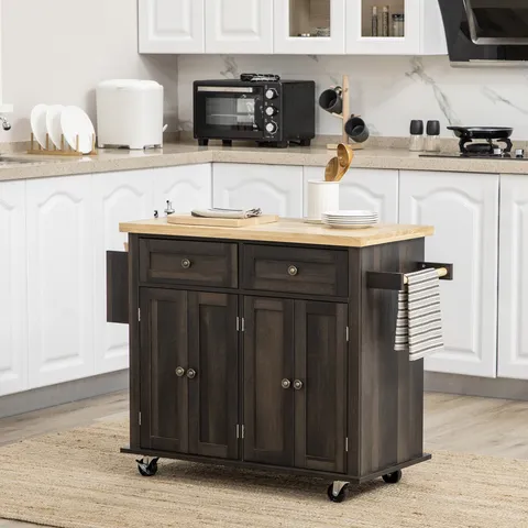 Brown Mdf Base with Wood Top Rolling Kitchen Island