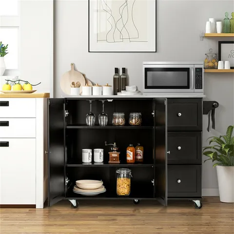 Black Mdf Base with Stainless Steel Metal Top Rolling Kitchen Cart