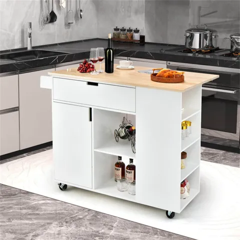 White Mdf Base with Wood Top Rolling Kitchen Cart