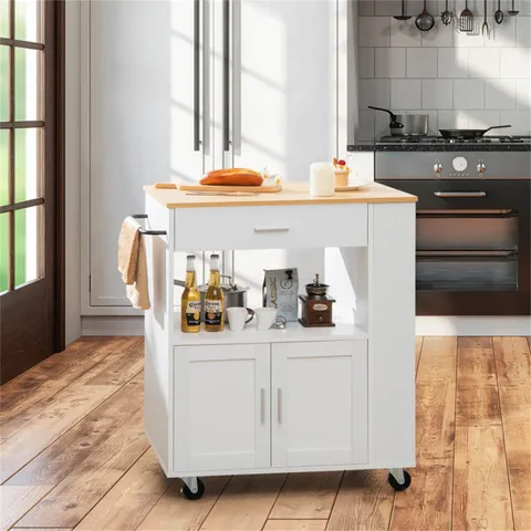 White Composite Base with Composite Top Rolling Kitchen Cart