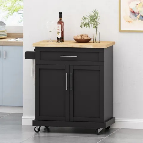 Black Composite Base with Composite Top Rolling Kitchen Cart