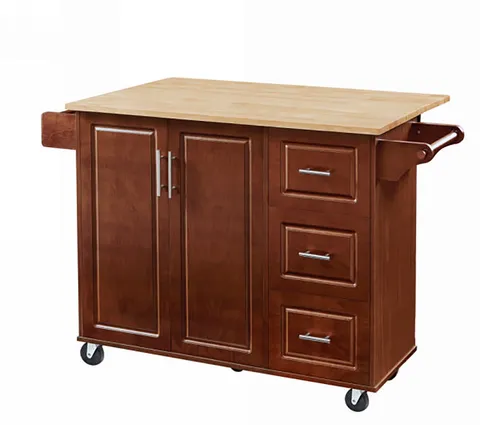 Brown Mdf Base with Wood Top Rolling Kitchen Island