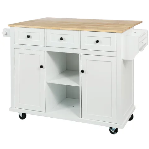 White Mdf Base with Wood Top Rolling Kitchen Island