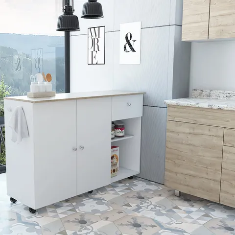 White Composite Base with Composite Top Rolling Kitchen Island