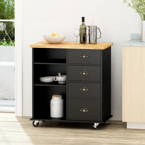 Black Composite Base with Wood Top Rolling Kitchen Cart
