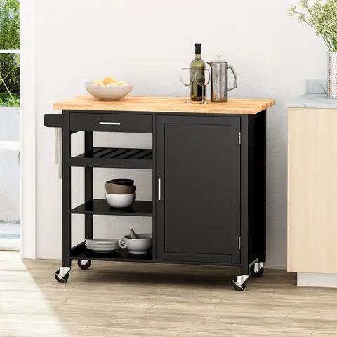 Black Composite Base with Wood Top Rolling Kitchen Cart