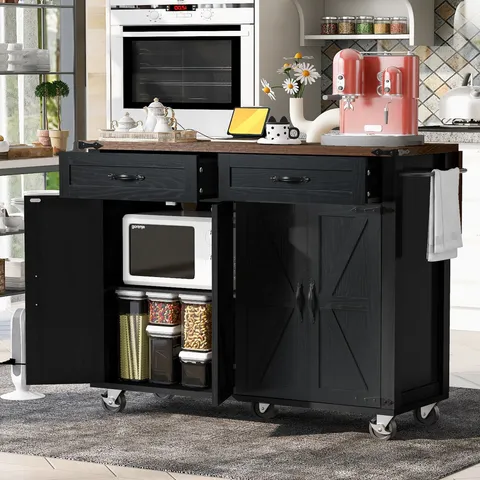 Black Mdf Base with Mdf Wood Top Rolling Kitchen Cart