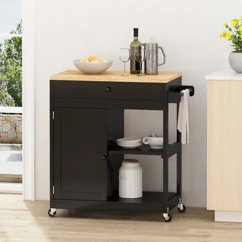 Black Wood Base with Wood Top Rolling Kitchen Cart
