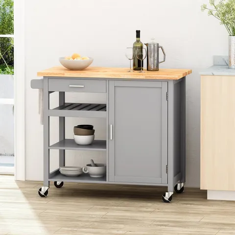 Gray Wood Base with Wood Top Rolling Kitchen Cart