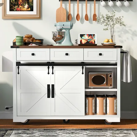 White Mdf Base with Composite Top Rolling Kitchen Island