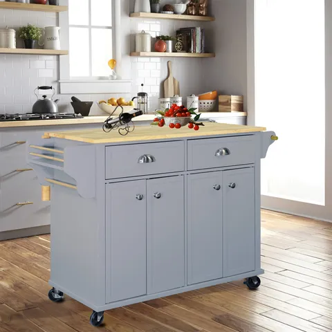 Gray Mdf Base with Wood Top Rolling Kitchen Island