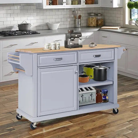 Gray Mdf Base with Wood Top Rolling Kitchen Island