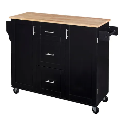 Black Mdf Base with Wood Top Rolling Kitchen Island