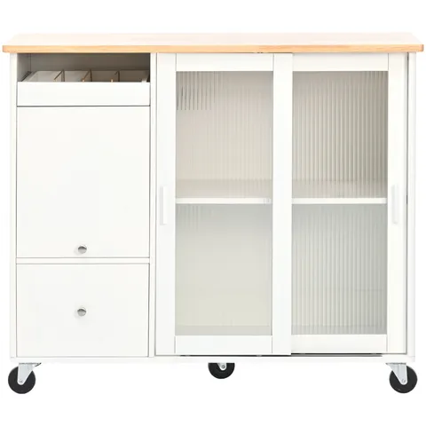 White Mdf Base with Wood Top Rolling Kitchen Island