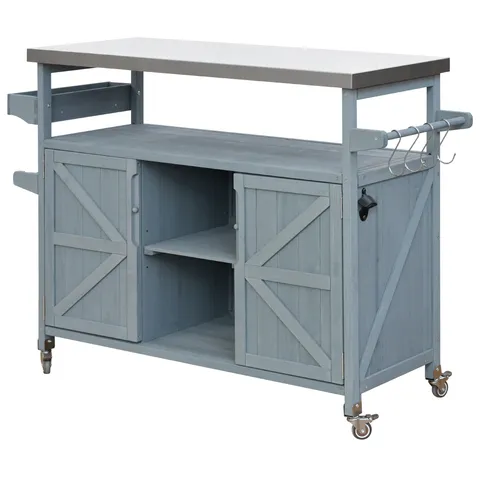 Blue Wood Base with Steel Metal Top Rolling Kitchen Island
