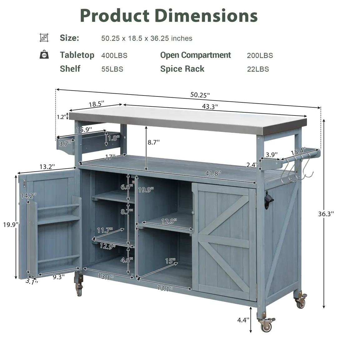 Kahomvis Blue Wood Base with Steel Metal Top Rolling Kitchen Island (18.5-in x 50.25-in x 36.3-in), photo 3 of 9