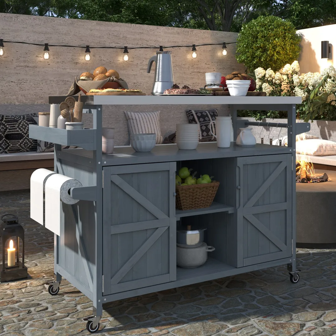 Kahomvis Blue Wood Base with Steel Metal Top Rolling Kitchen Island (18.5-in x 50.25-in x 36.3-in), photo 2 of 9