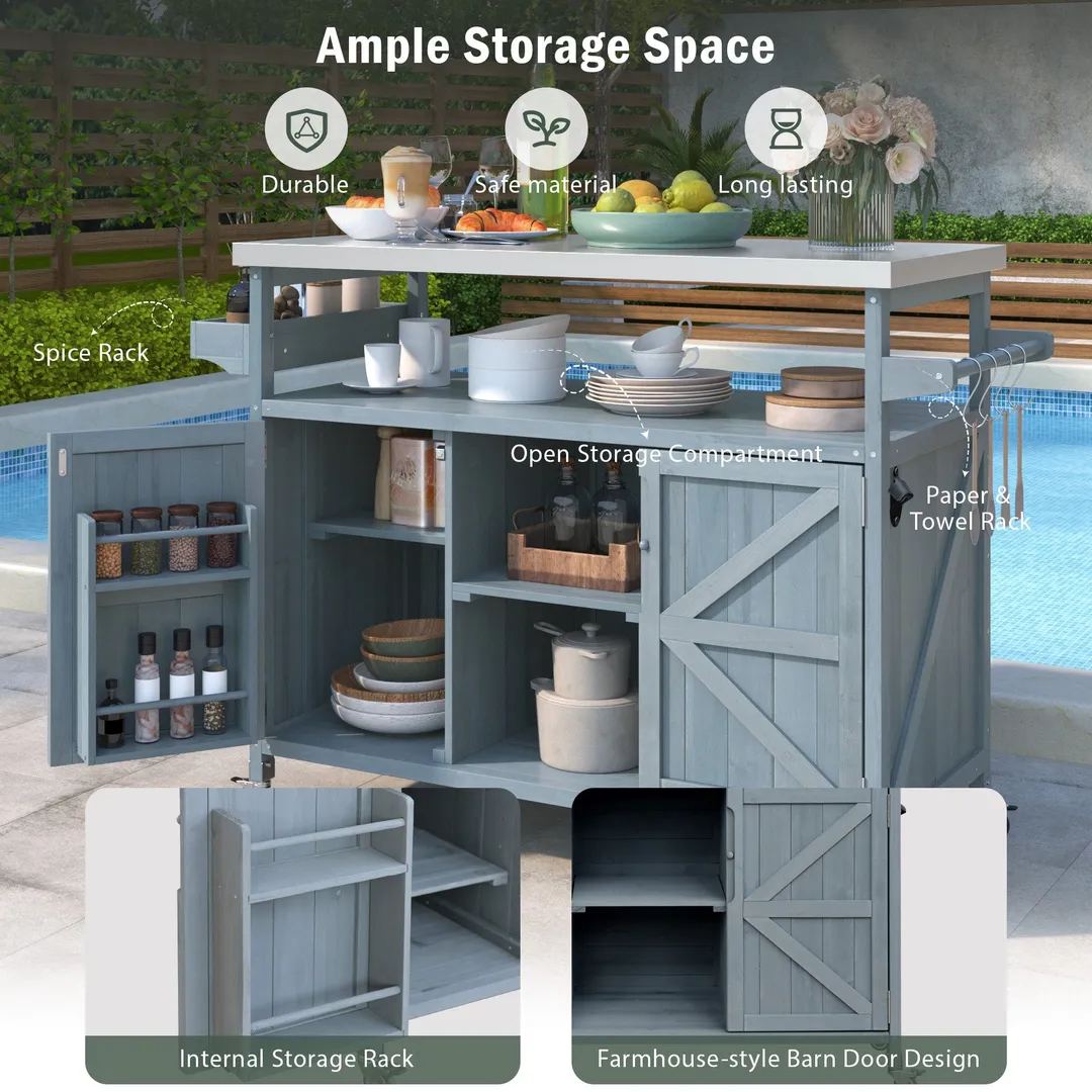 Kahomvis Blue Wood Base with Steel Metal Top Rolling Kitchen Island (18.5-in x 50.25-in x 36.3-in), photo 4 of 9