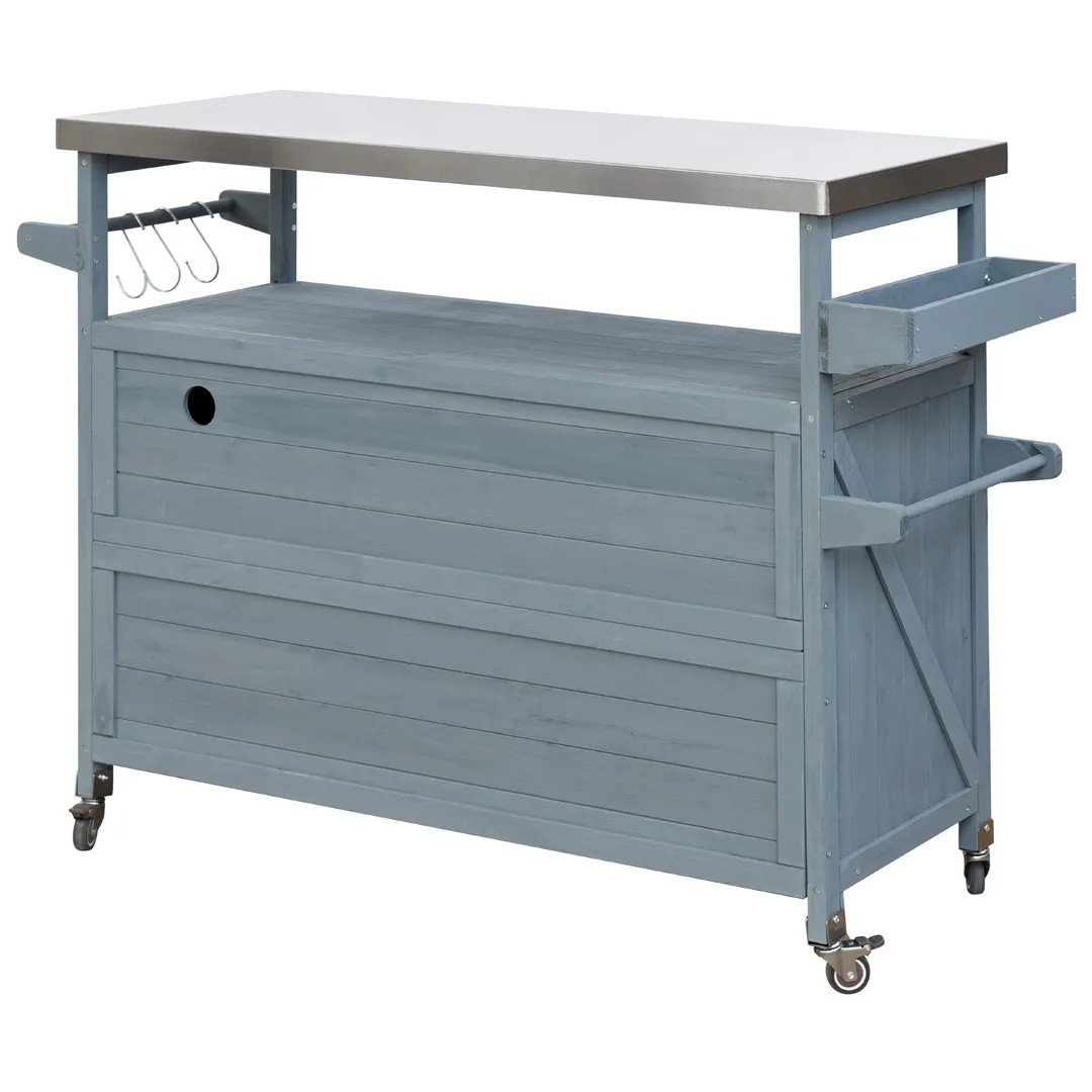 Kahomvis Blue Wood Base with Steel Metal Top Rolling Kitchen Island (18.5-in x 50.25-in x 36.3-in), photo 9 of 9