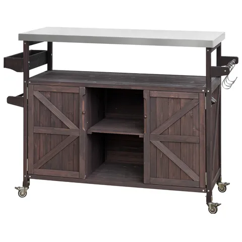 Brown Wood Base with Steel Metal Top Rolling Kitchen Island