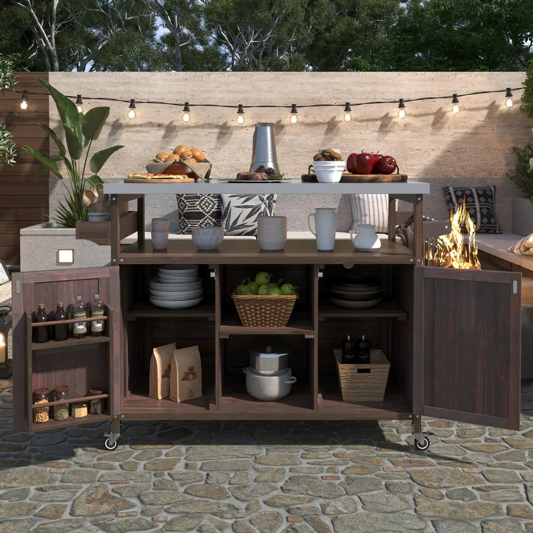 Kahomvis Brown Wood Base with Steel Metal Top Rolling Kitchen Island (18.5-in x 50.25-in x 36.3-in), photo 2 of 9