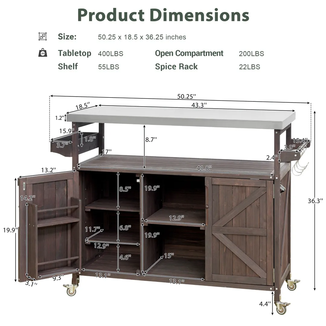 Kahomvis Brown Wood Base with Steel Metal Top Rolling Kitchen Island (18.5-in x 50.25-in x 36.3-in), photo 3 of 9