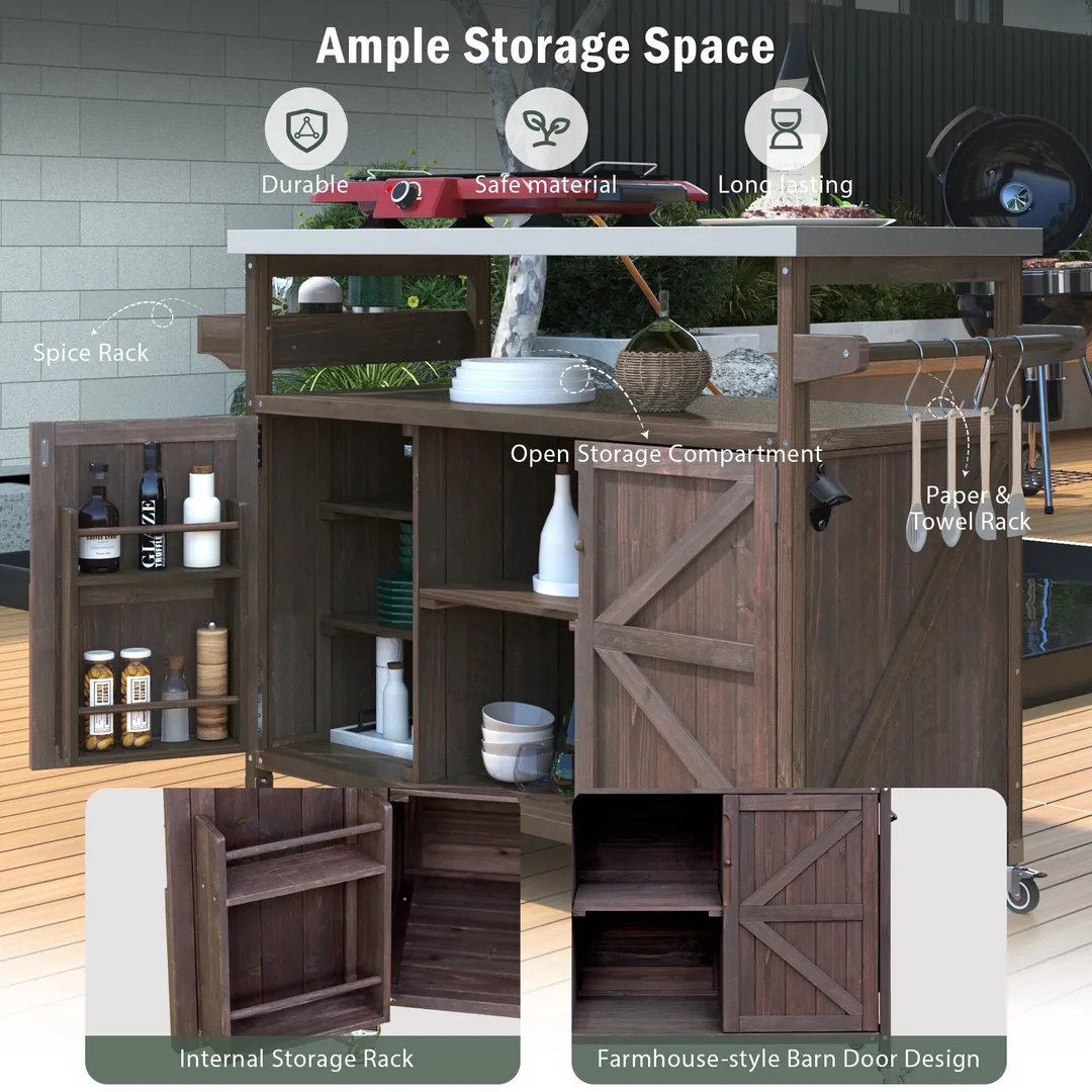 Kahomvis Brown Wood Base with Steel Metal Top Rolling Kitchen Island (18.5-in x 50.25-in x 36.3-in), photo 4 of 9