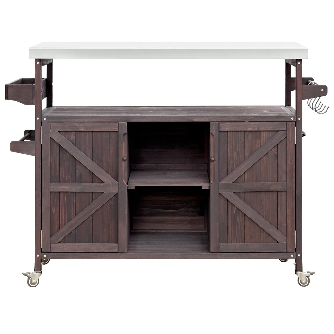 Kahomvis Brown Wood Base with Steel Metal Top Rolling Kitchen Island (18.5-in x 50.25-in x 36.3-in), photo 8 of 9