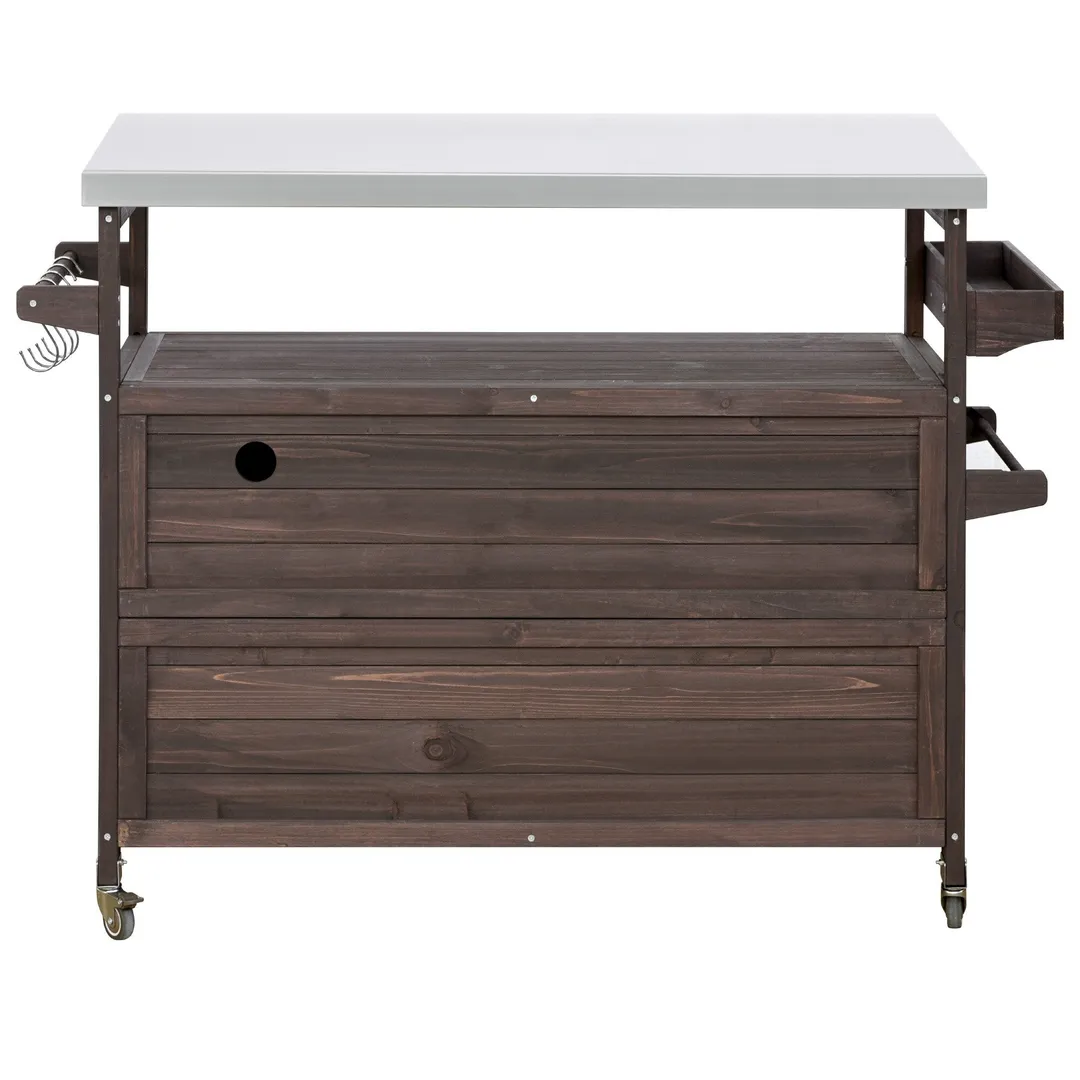 Kahomvis Brown Wood Base with Steel Metal Top Rolling Kitchen Island (18.5-in x 50.25-in x 36.3-in), photo 9 of 9