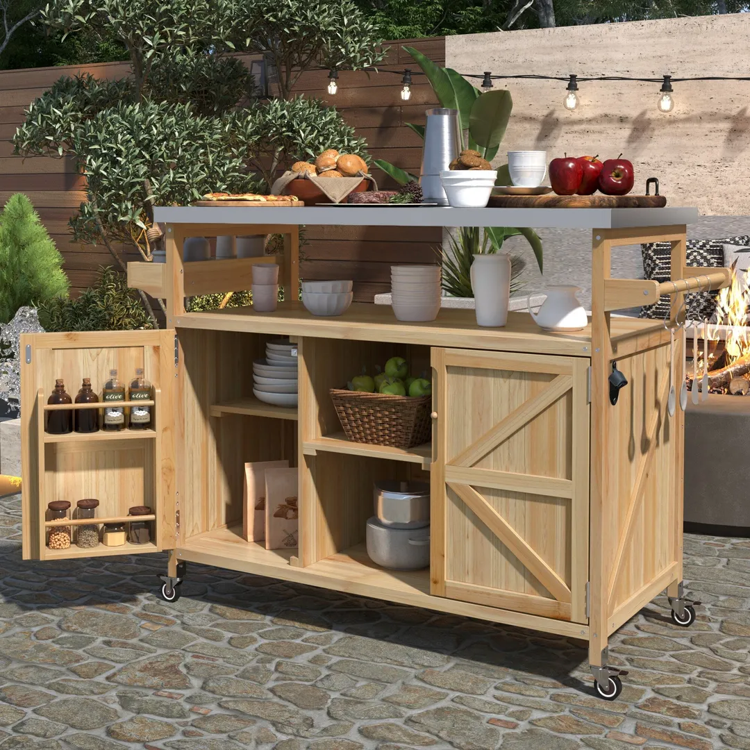 Kahomvis Wood Base with Steel Metal Top Rolling Kitchen Island (18.5-in x 50.25-in x 36.3-in), photo 2 of 9