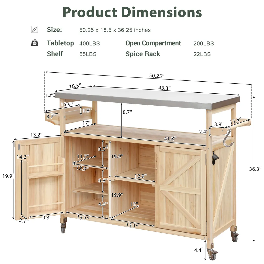 Kahomvis Wood Base with Steel Metal Top Rolling Kitchen Island (18.5-in x 50.25-in x 36.3-in), photo 3 of 9