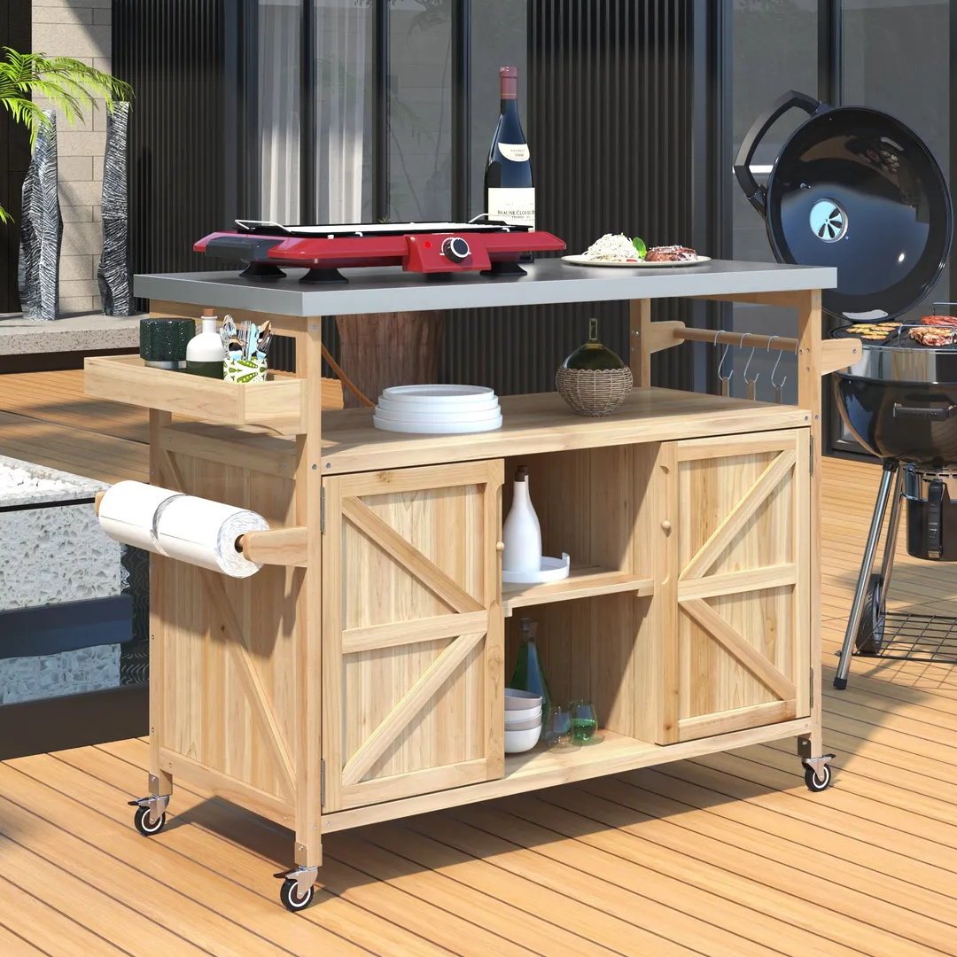 Kahomvis Wood Base with Steel Metal Top Rolling Kitchen Island (18.5-in x 50.25-in x 36.3-in), photo 8 of 9