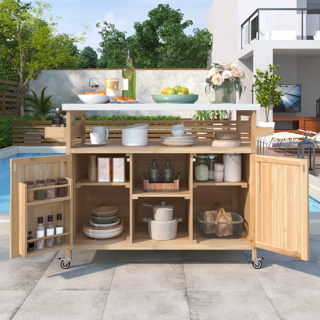 Kahomvis Wood Base with Steel Metal Top Rolling Kitchen Island (18.5-in x 50.25-in x 36.3-in), photo 9 of 9