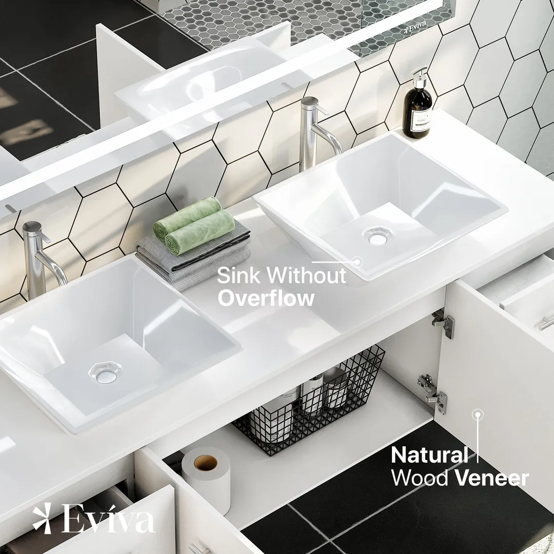 Eviva Totti Wave 72 in. W x 16 in. D x 22 in. H Double Bathroom Vanity in White with White Glassos Top and White Vessel Sinks, photo 4 of 8