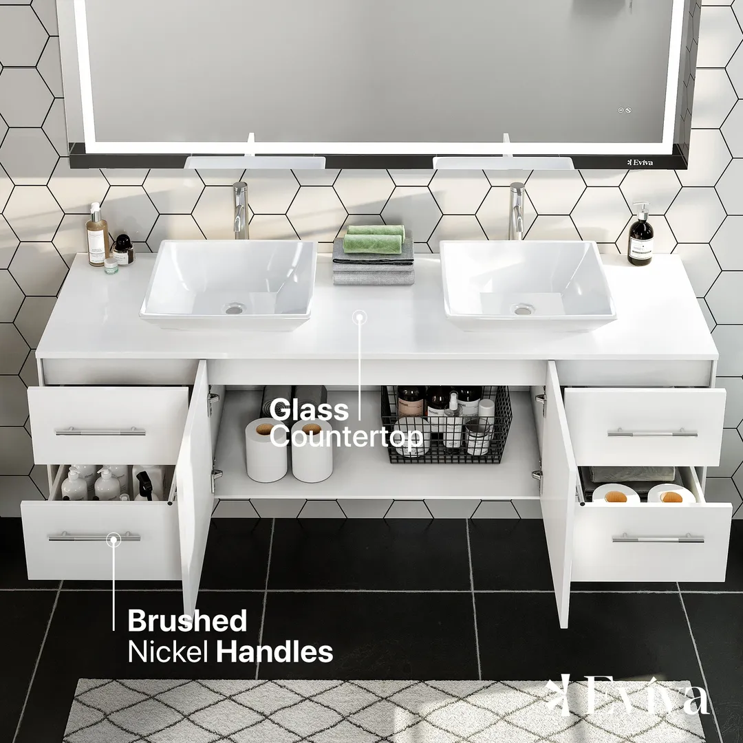 Eviva Totti Wave 72 in. W x 16 in. D x 22 in. H Double Bathroom Vanity in White with White Glassos Top and White Vessel Sinks, photo 3 of 8